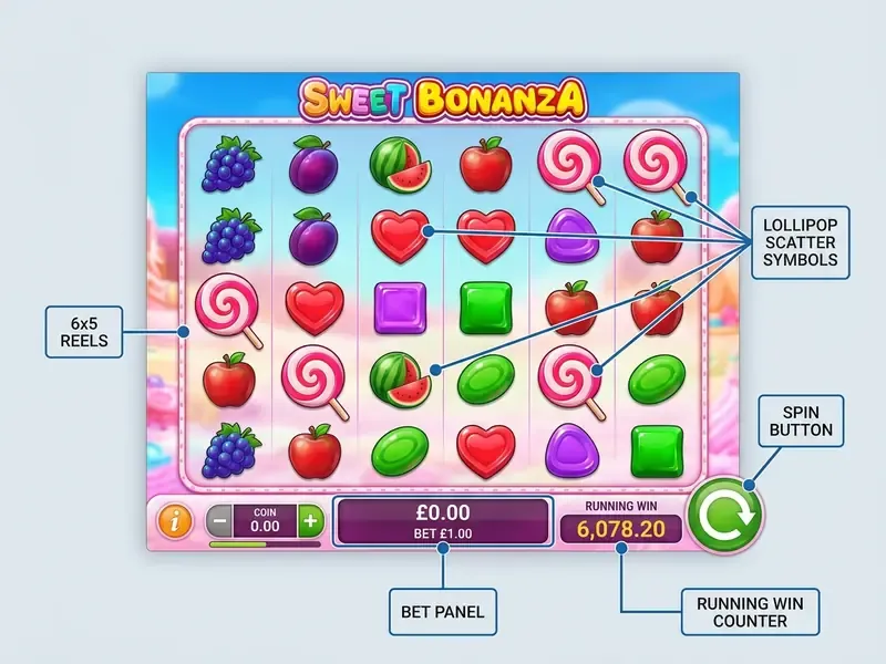 Sweet Bonanza slot interface, Spin, Bet and Settings controls