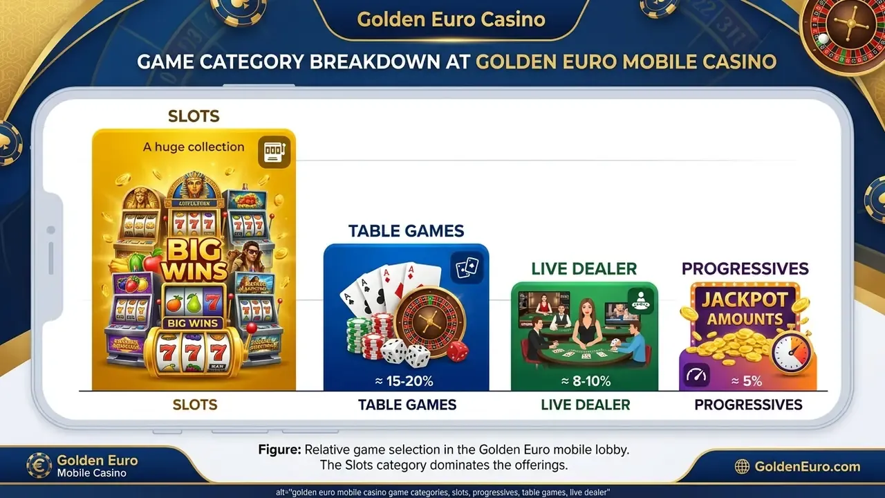 golden euro mobile casino game categories, slots, progressives, table games, live dealer