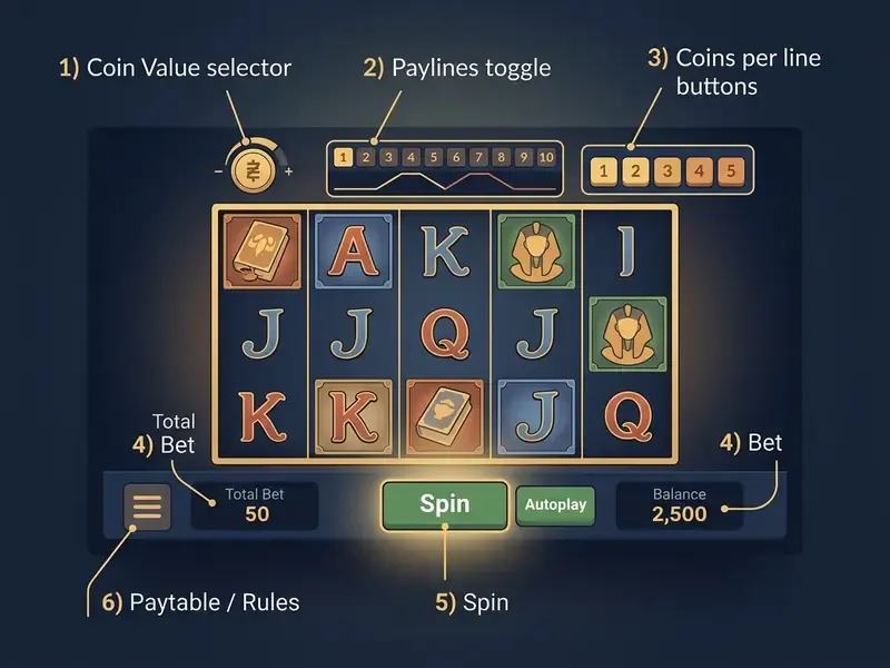 book of dead play interface layout and bet controls